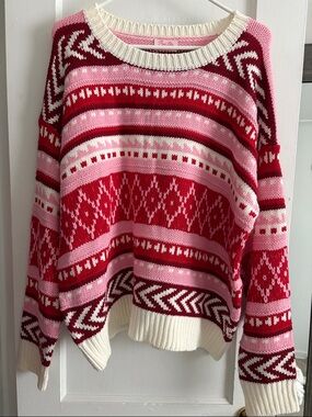 Pink Lily Pink, Red & Cream Patterned Scoopneck Sweater